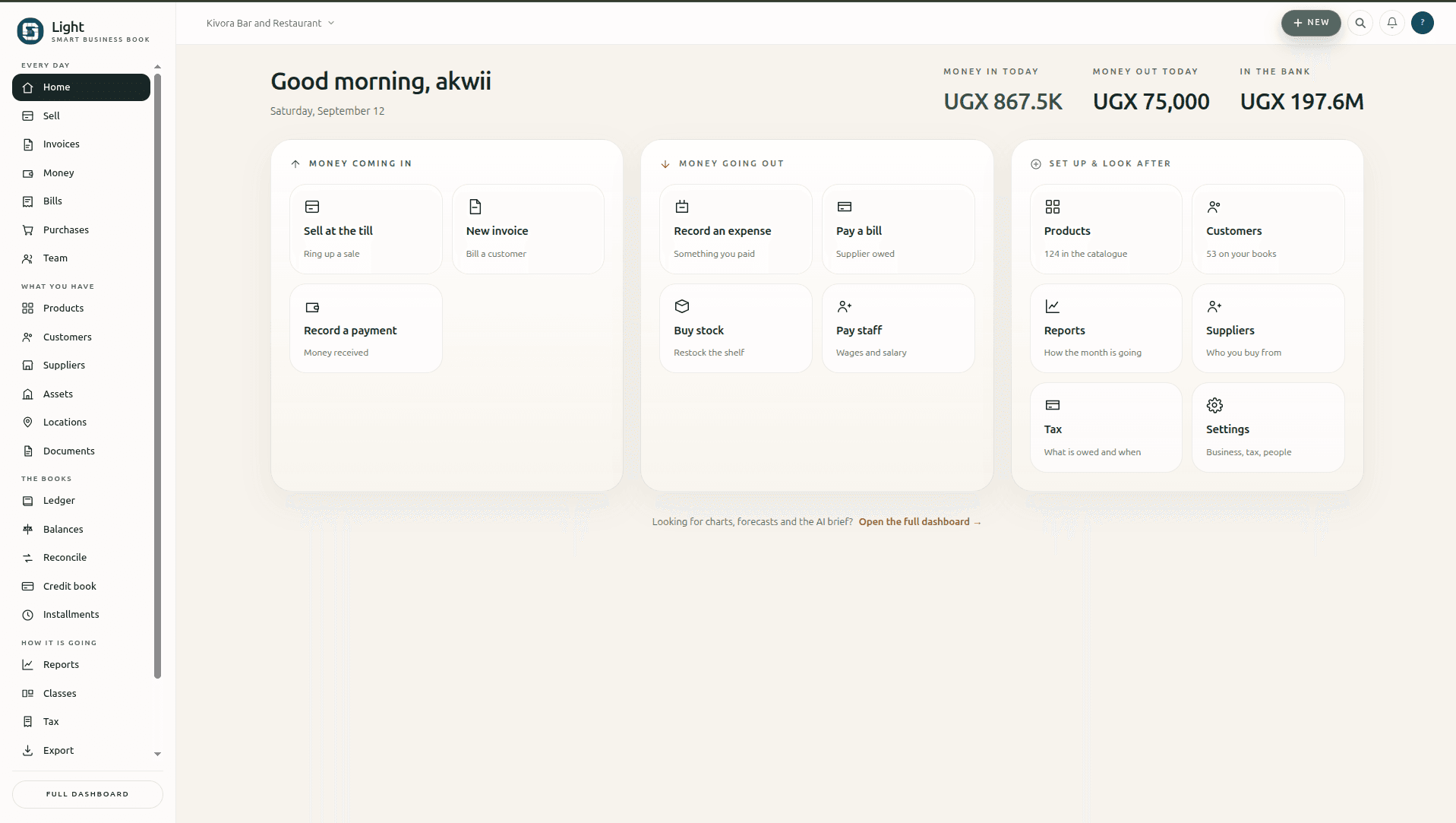 The morning screen, showing today's money in, money out and bank balance above the day's actions